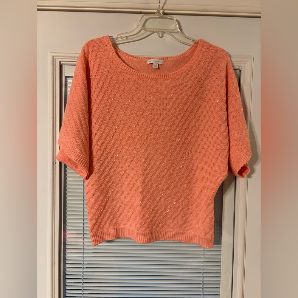 New York & Company Coral Open-Stitch Short Sleeve Knit